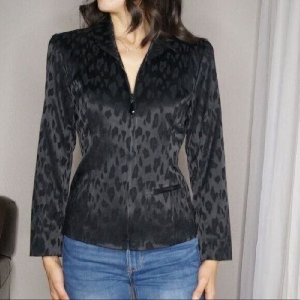 Dana Buchman Petites Black Leopard Print Blazer Size 4 - Picture 3 of 13